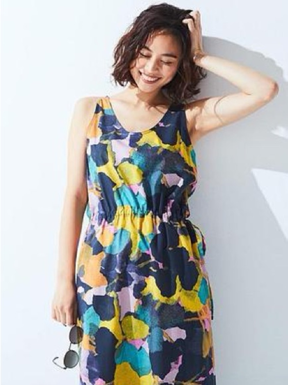 Uniqlo Sz M Drawstring Sleeveless Dress Multicolor Watercolor Abstract Print